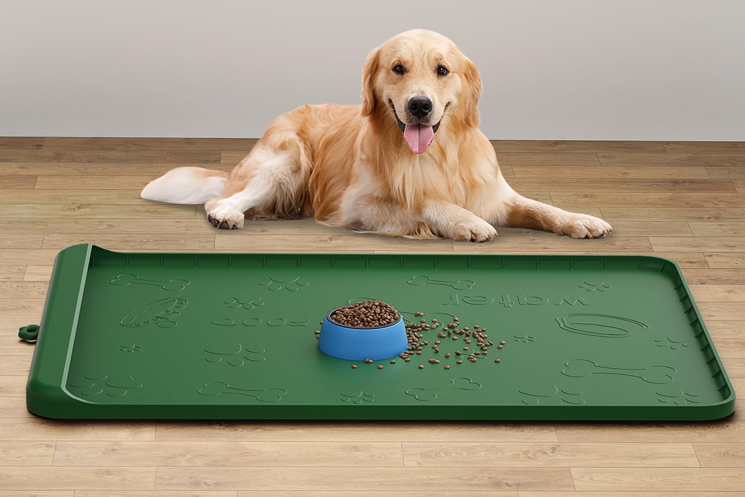 Dog Food Mat - Silicone Dog Mat for Food and Water - 36" x 24" Large Pet Feeding Mats with Residue Collection Pocket - Waterproof Dog Cat Bowl Mat with High Edges to Prevent Water Food Spills (Green)