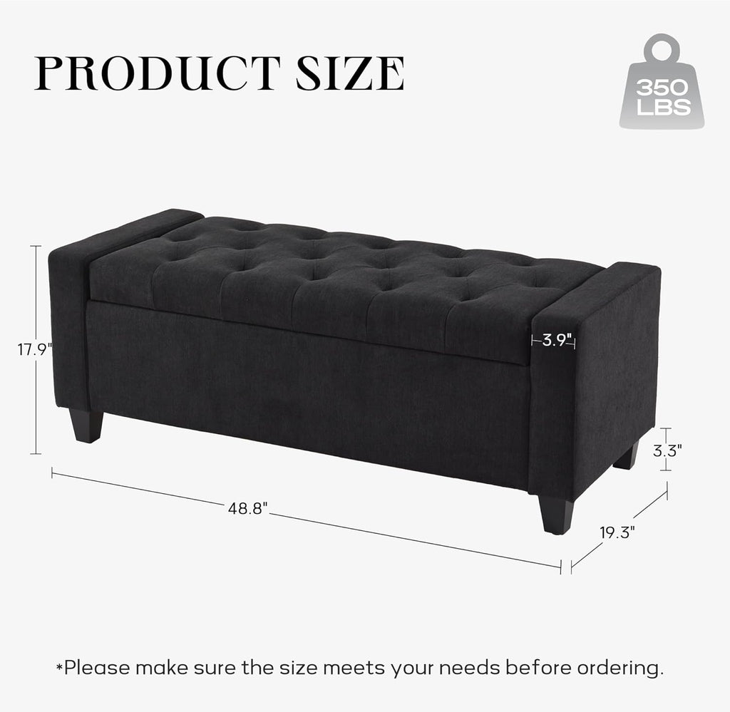 Ottoman with Storage, 48.8" Fabric Storage Ottoman Bench with Hinge, Bedroom Bench, Upholstered Benches with Seating for Living Room, Entryway (Dark Grey)
