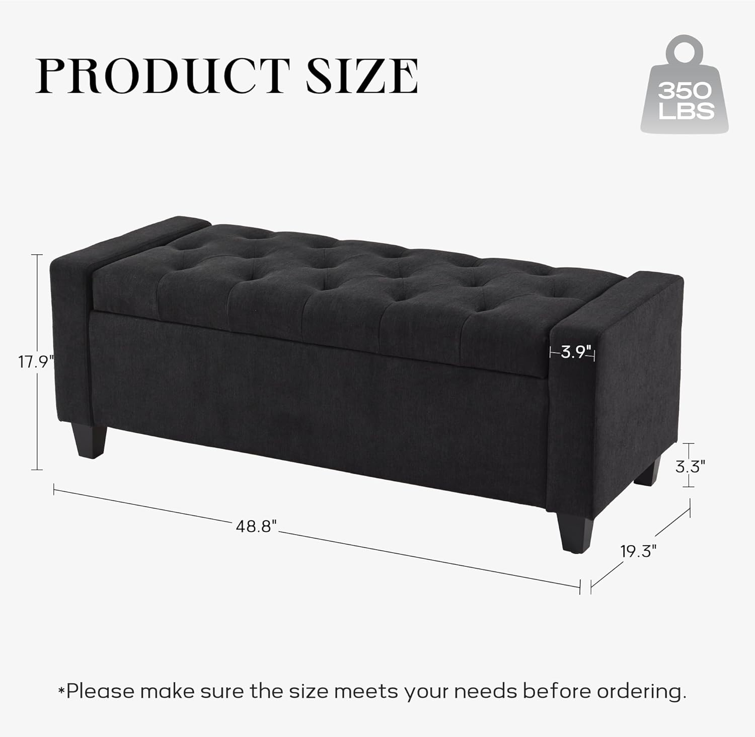 Ottoman with Storage, 48.8" Fabric Storage Ottoman Bench with Hinge, Bedroom Bench, Upholstered Benches with Seating for Living Room, Entryway (Dark Grey)