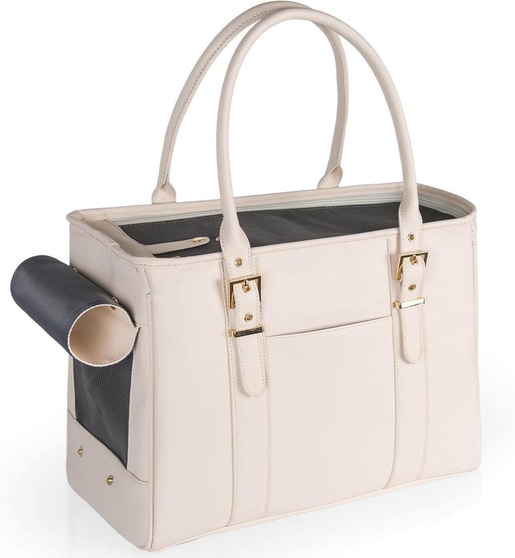 Fashion Pet Carrier Dog Purse Cat Bag Soft-Sided Carriers Travel Airline Approved, Stylish Leather Tote Handbag for Small Animal Puppy Kitten (White)