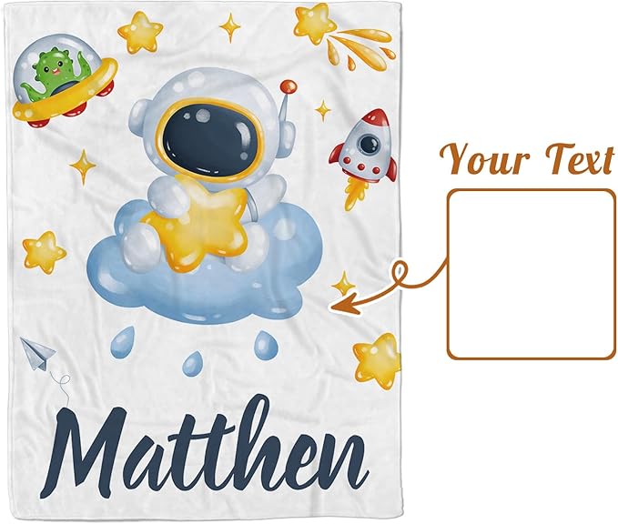 Personalized Baby Blanket with Name, Custom Space Astronaut Theme Blanket for Kids, Soft Flannel Bed Throw Blanket Swaddle for Newborn, Customizable Baby Gift & Nursery Blanket(30”x40)