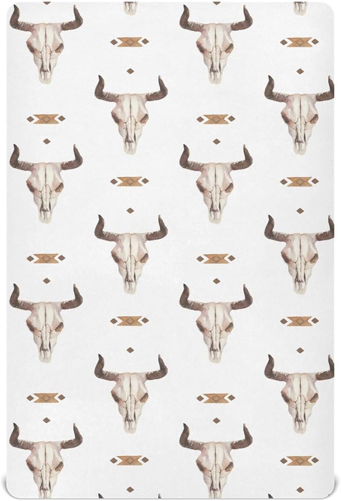 Western Bull Skull Crib Sheets Soft Breathable Fitted Baby Crib Sheets Mattress Cover for Girl Boys, 52" x 28" x 9"