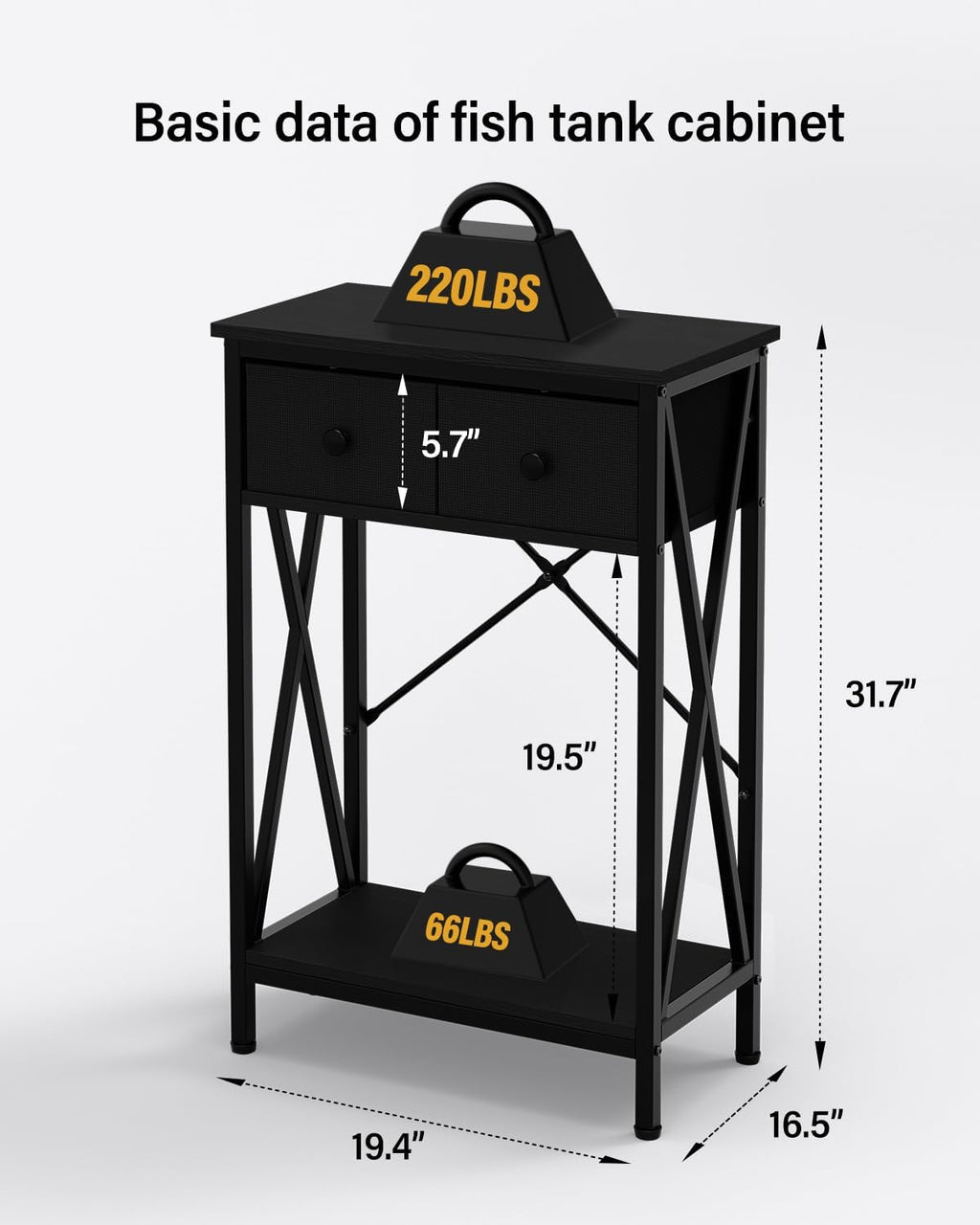 Fish Tank Stand for 5-10 Gallon Fish Tank: Aquarium Stand with Power Outlet - Metal 10 Gallon Tank Stand with Cabinet Drawer Storage for Turtle Tank, Reptile Terrarium (Black, 220LBS Capacity)