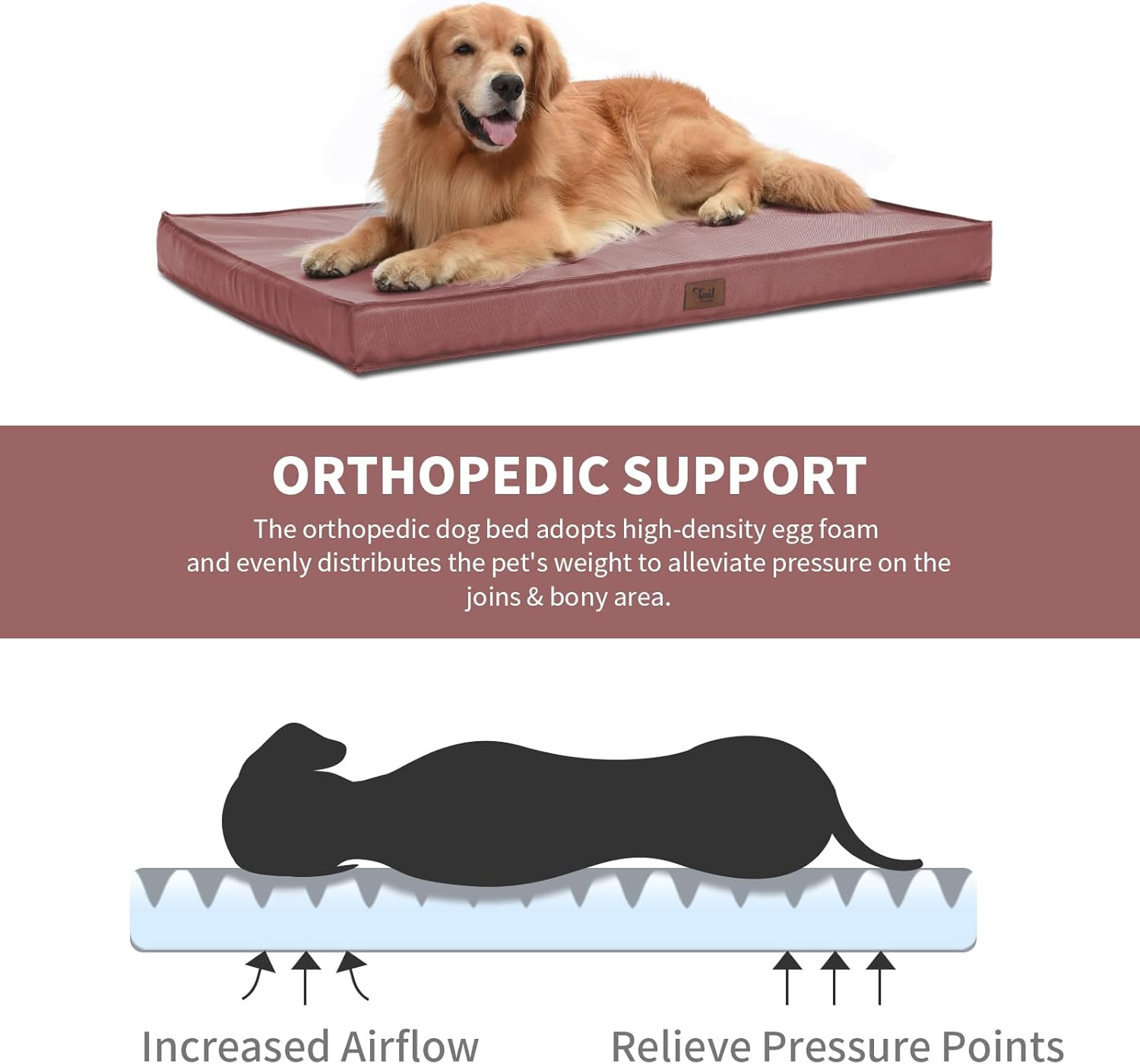 Outdoor Dog Bed for Medium Dogs, Waterproof Dog Bed for Medium Dogs Cats, Orthopedic Egg Crate Foam Pet Bed with Washable and Removable Oxford Cover, Pink