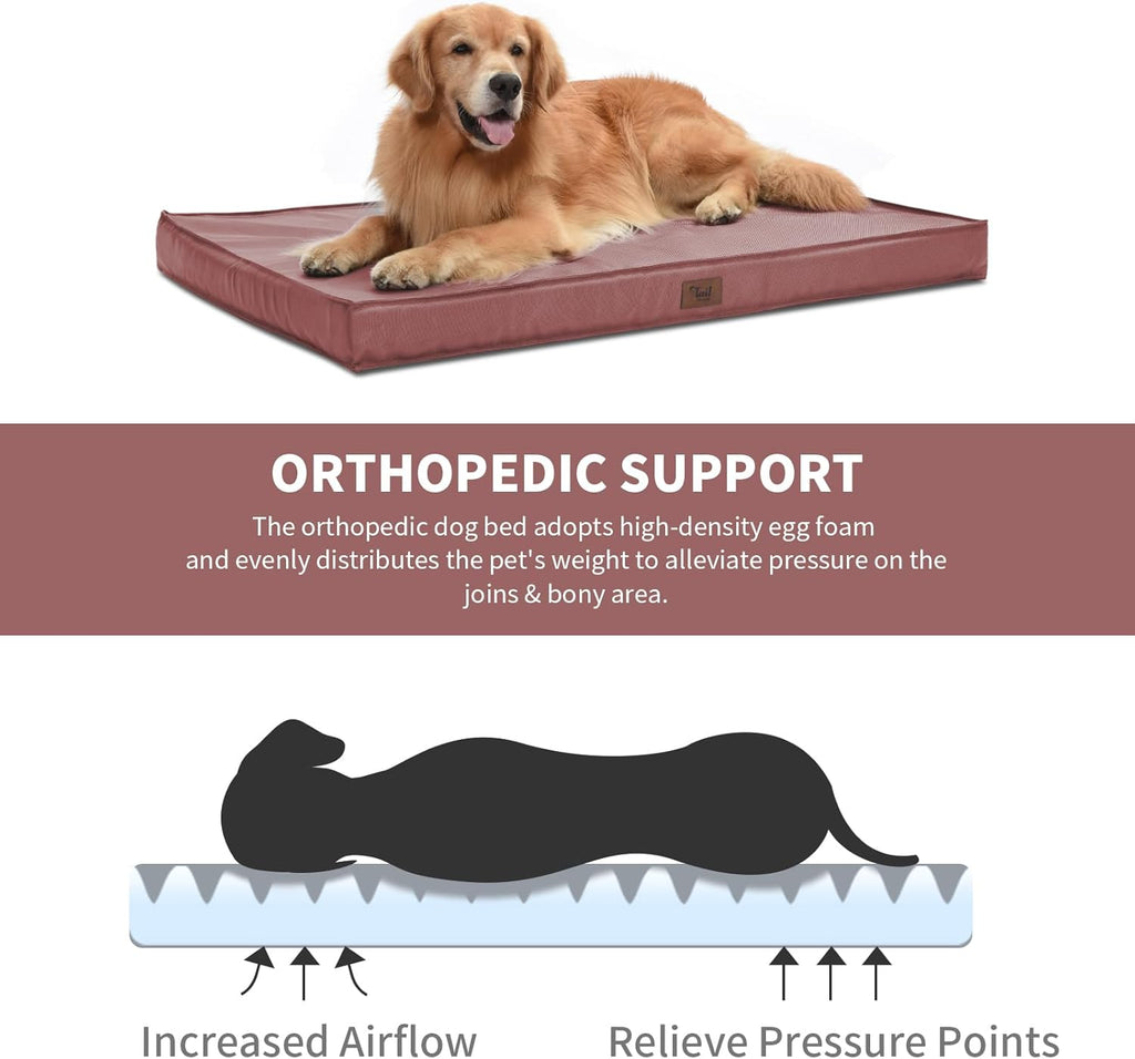 Outdoor Extra Large Dog Crate Bed, Big Waterproof Dog Bed for Large Dogs, Orthopedic Egg Foam Pet Bed Mat with Removable Cooling Cover, Pink