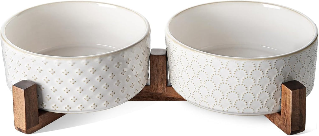 LE TAUCI Ceramic Dog Bowls with Acacia Wood Stand - 7 Inch Food & Water Set for Medium-Large Dogs - Weighted Pet Bowls