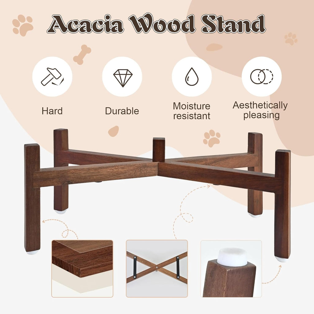 SPUNKYJUNKY Raised Ceramic Dog Bowls Set with Non-Slip Acacia Wood Stand for Medium Sized Dog(42.27 OZ, White)