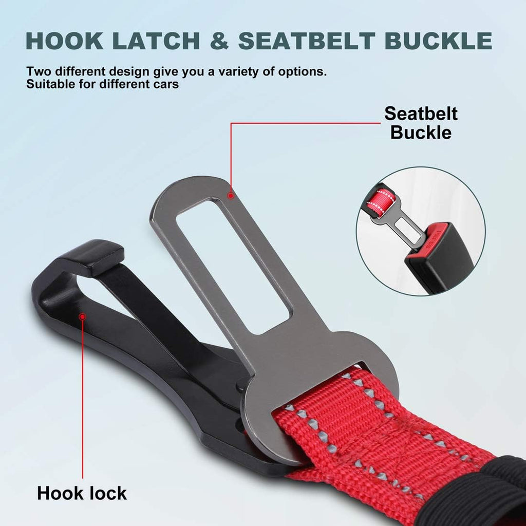 IOKHEIRA Dog Seat Belt 3-in-1 Car Harness for Dogs Adjustable Safety Seatbelt for Car Durable Nylon Reflective Bungee Fabric Tether with Clip Hook Latch & Buckle, Swivel Zinc Alloy Carabiner Red