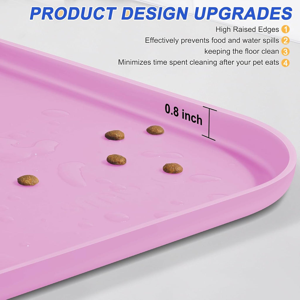 Silicone Pet Feeding Mat with Raised Edge for Food and Water, Dog Bowl Mats, Cat Bowls Placemat with High Lip for Floor Waterproof, Rubber Tray for Cats and Dogs 24 x 16 x0.8 Pink
