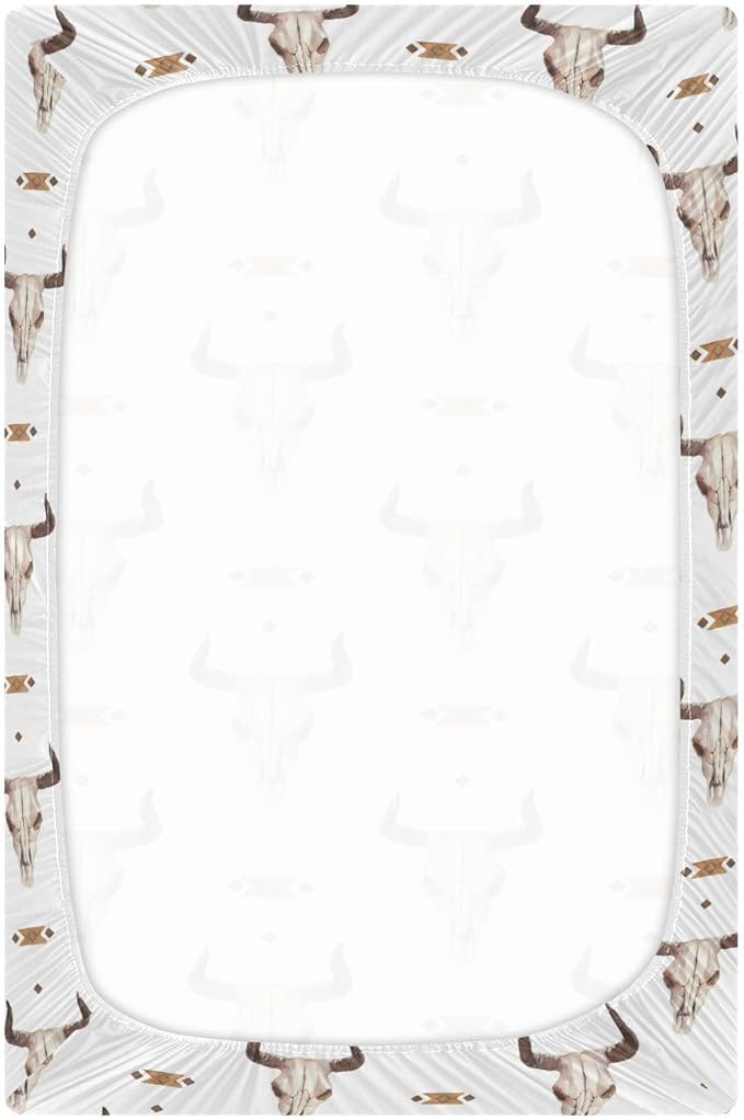 Western Bull Skull Crib Sheets Soft Breathable Fitted Baby Crib Sheets Mattress Cover for Girl Boys, 52" x 28" x 9"