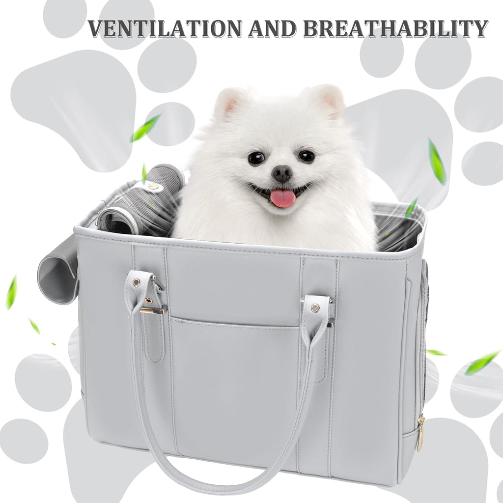 Fashion Pet Carrier Dog Purse Cat Bag Soft-Sided Carriers Travel Airline Approved, Stylish Leather Tote Handbag for Small Animal Puppy Kitten (Grey)