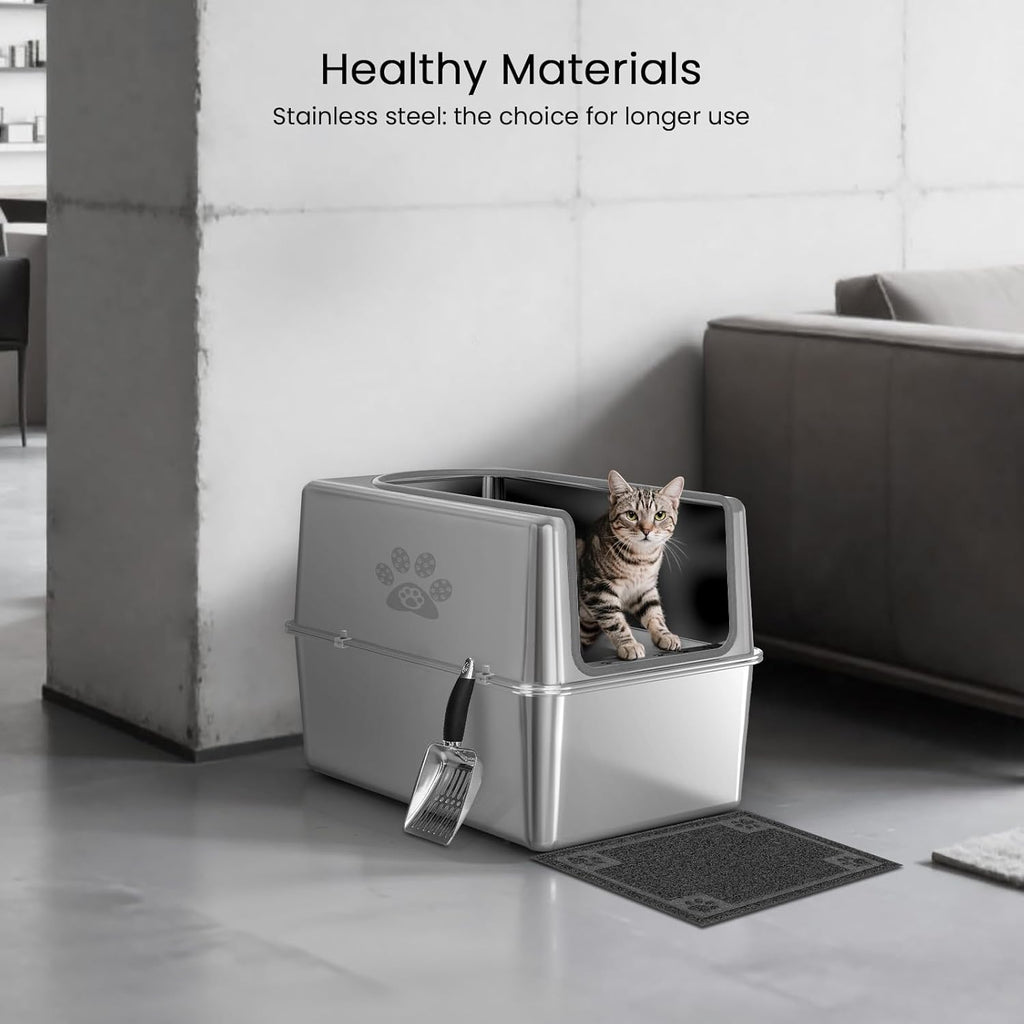 Enclosed Stainless Steel Cat Litter Box with Lid, XL Metal Litter Box for Big Cats, Extra Large Cat Toilet with High Side, Non-Stick, Anti-Leakage, Odorless, with Cats Litter Mat & Litter Scoop