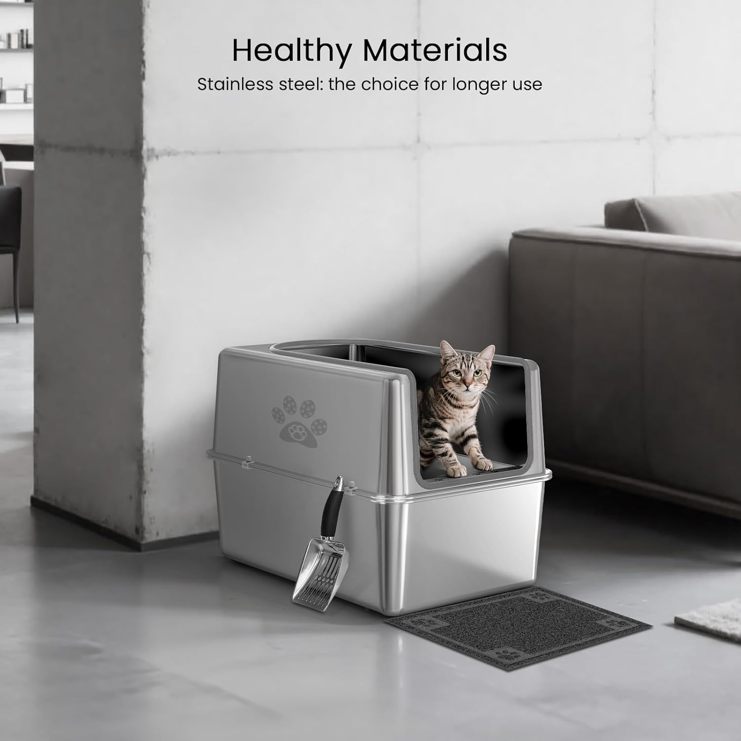 Enclosed Stainless Steel Cat Litter Box with Lid, XL Metal Litter Box for Big Cats, Extra Large Cat Toilet with High Side, Non-Stick, Anti-Leakage, Odorless, with Cats Litter Mat & Litter Scoop