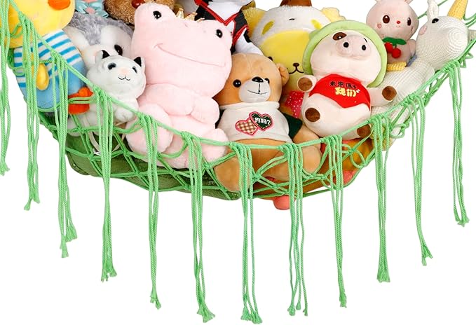 Stuffed Animal Hammock Corner, Hand-knitted Large Plushie Net Toy Hammock with Wooden Rings | Boho Cute Stuff Animal Storage for Nursery & Bedroom | Mesh Kids Toy Organizer Holder Nursery Room Decor
