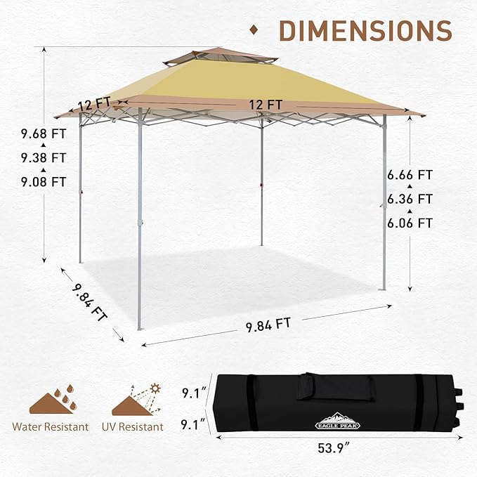 EAGLE PEAK 12x12 Pop up Canopy Tent, Easy Set up Folding Shelter with Auto Extending Awning 144 Square Feet Sun Shade, Beige