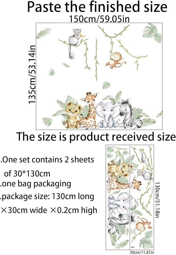 59.05x53.14 Inch Woodland Animals Wall Decals Forest Animal Wall Decal Elephant Zebra Monkey Giraffe Nursery Decor for Home Baby Room Decorations Boys Girls Bedroom