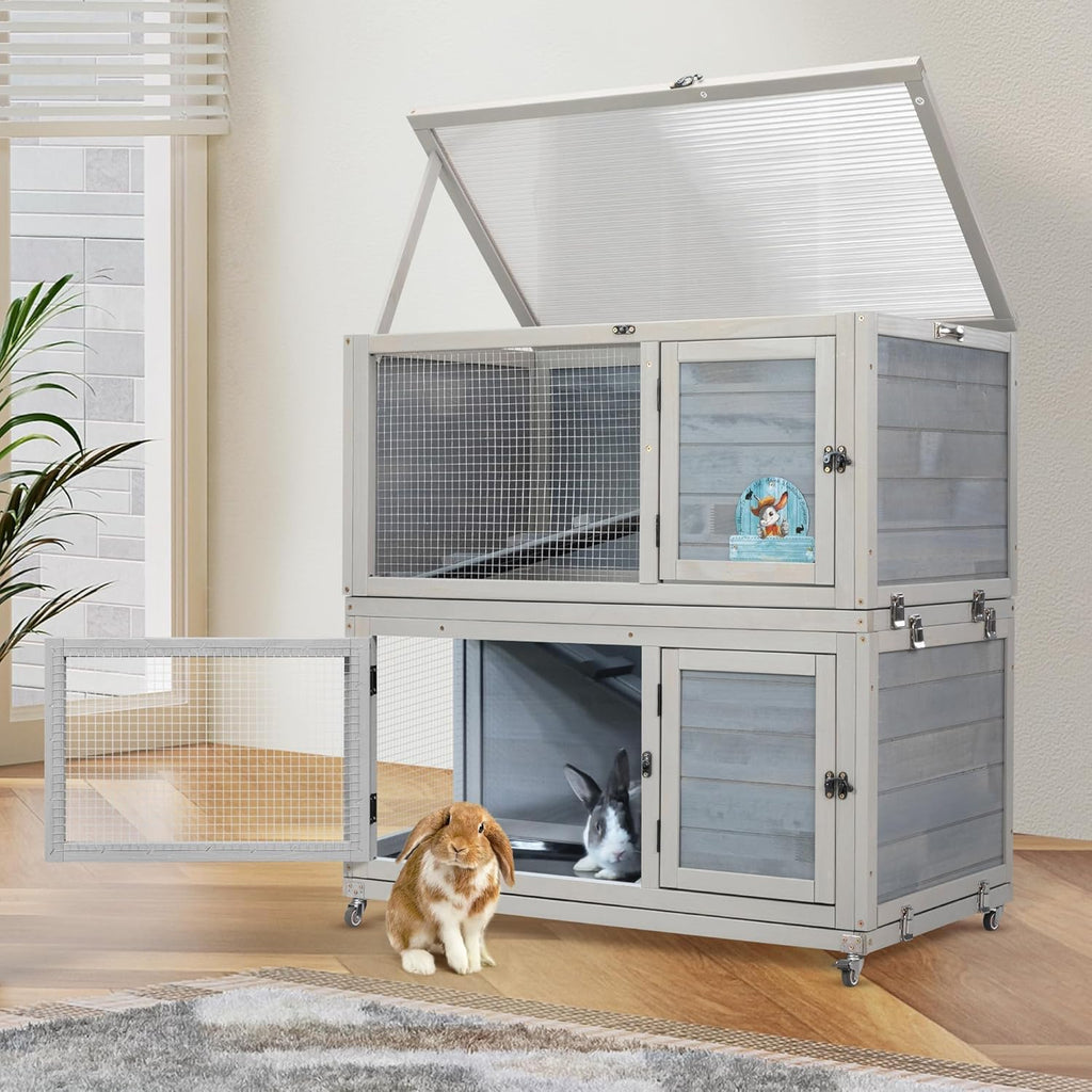 Weatherproof Wooden Rabbit Hutch for Indoor Outdoor Use, 2 Story Bunny Cage House with Wheels, Small Animal Shelter with Pull Out Tray, Non-Slip Ramp, Chicken Coop, Pet House Guinea Pigs Quail