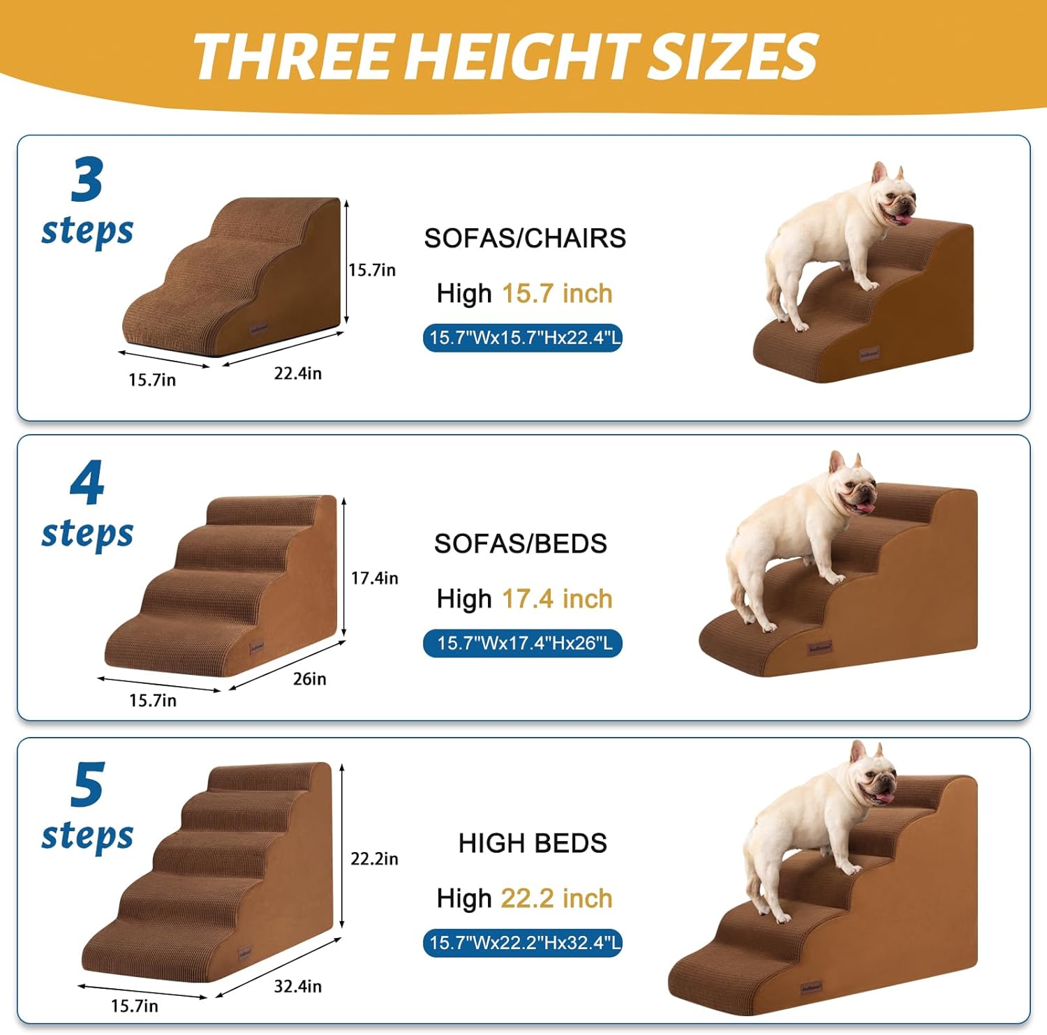 3-Step Dog Ramp and Stairs for Sofa and Chair - Non-Slip Sturdy Pet Steps for Small Dogs and Cats,15.7" H,Brown