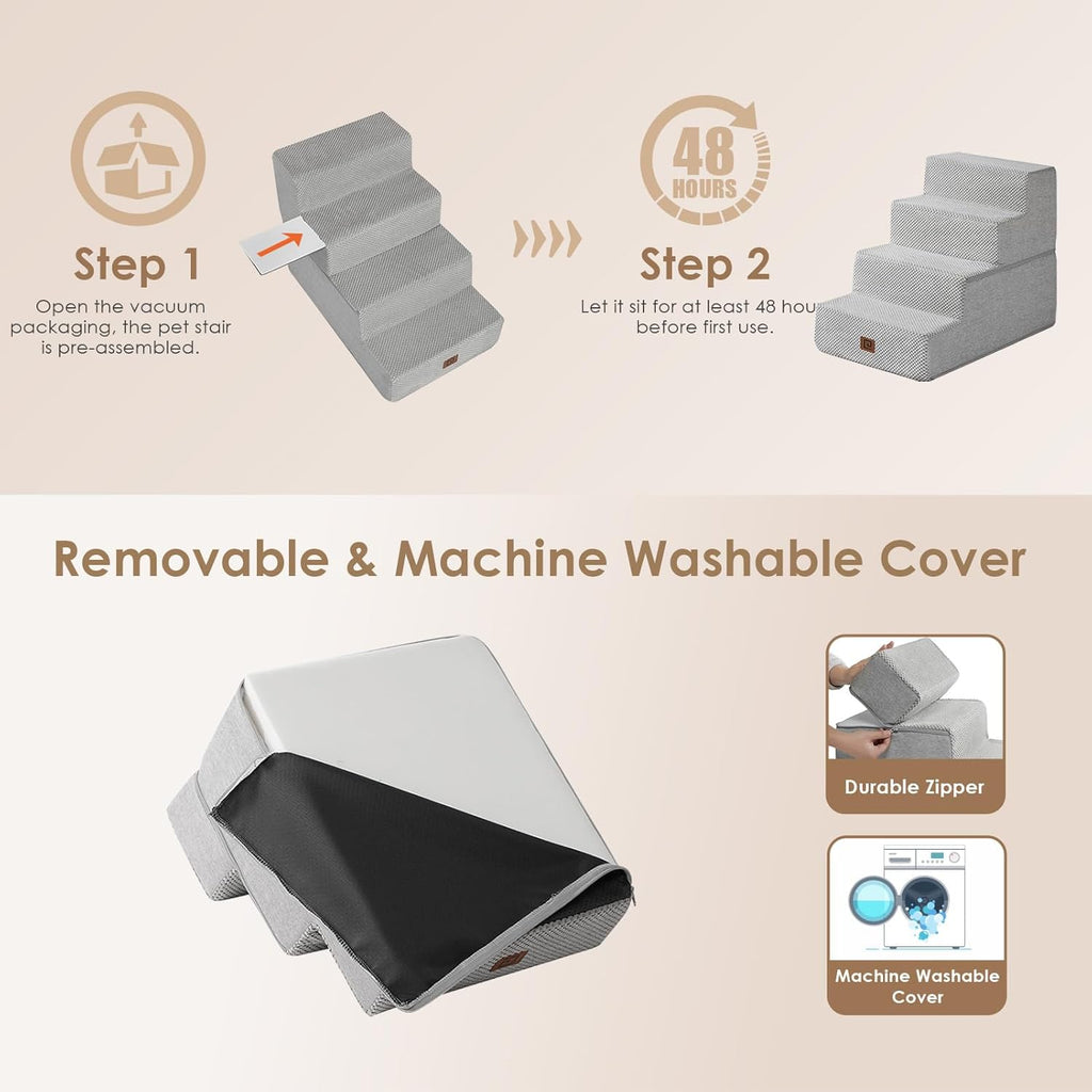 EHEYCIGA Dog Stairs for Bed 18" H, 4-Step Dog Steps for High Bed, Pet Steps for Small Dogs and Cats, Non-Slip Balanced Pet Ramp Indoor, Light Grey