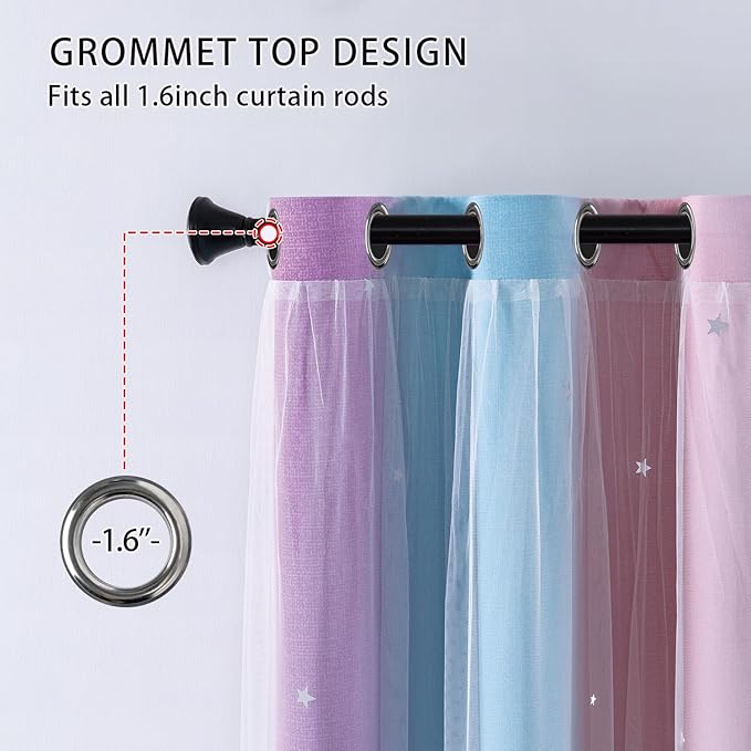 XiDi Blackout Curtains for Girls Bedroom Decor 63 inches Long Window Curtains Colorful Rainbow Design 2 Panel Sets, Kids Room Unicorn Princess Theme Home Decor Ombre Drapes Pink/Purple W34 X L63