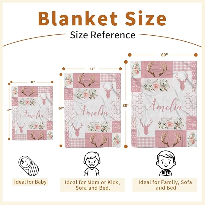 Personalized Baby Blanket with Name, Custom Pink Woodland Deer Blanket for Kids, Soft Flannel Bed Throw Blanket Swaddle for Newborn, Customizable Baby Gift & Nursery Blanket(47" x60)
