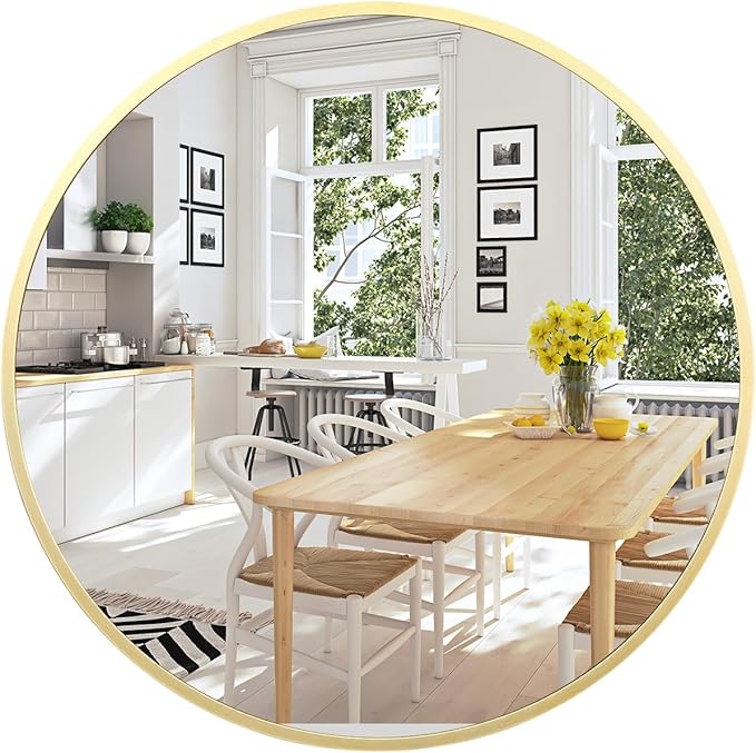 Gold Circle Mirror for Bathroom, 24 inch Circle Mirror, HD Eco-Friendly Round Bathroom Mirror for Over Sink, Matte Gold Metal Framed Wall Mirror for Wall, Vanity, Living Room, Easy to Install