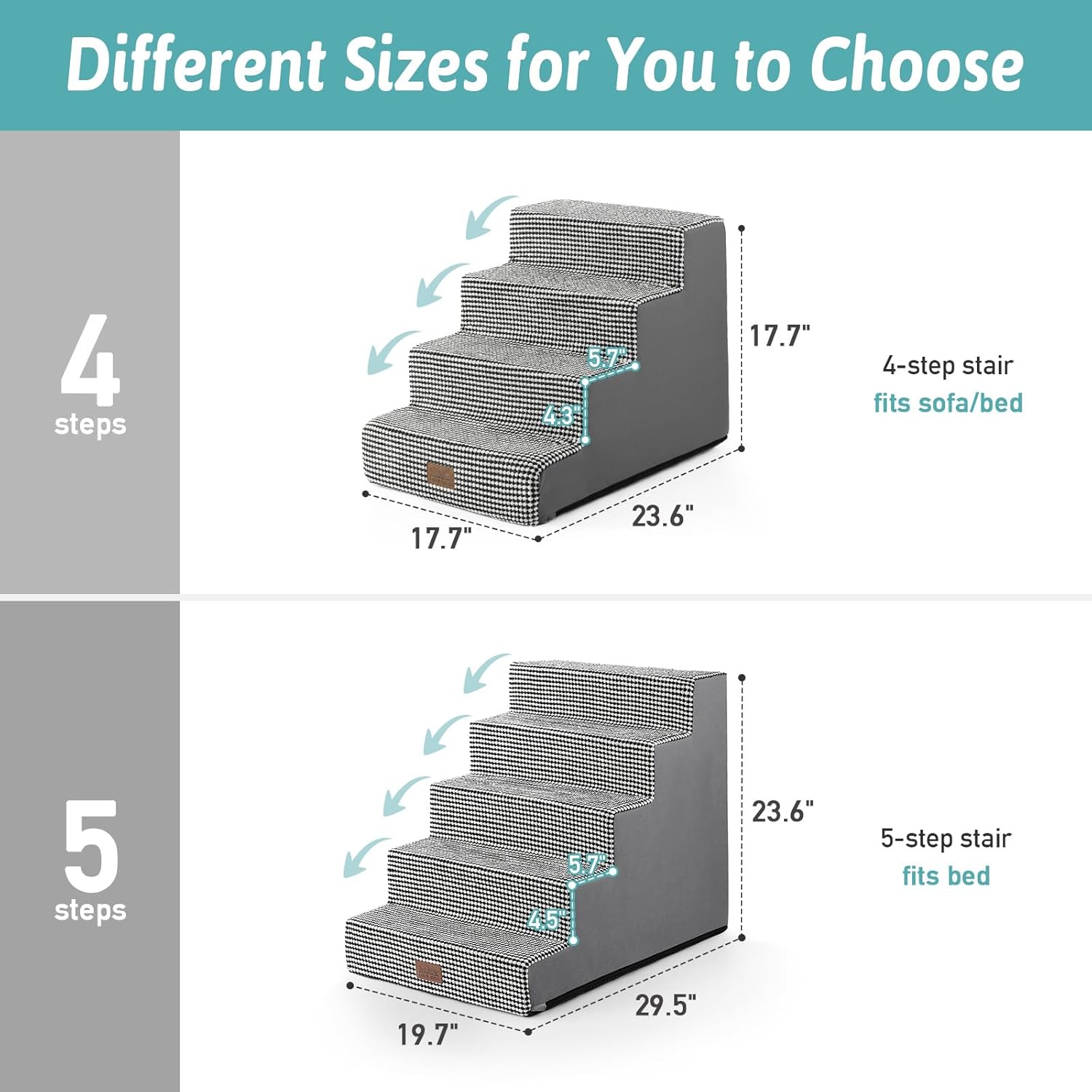 Dog Stairs for Small Dogs, 5 Tier Wider Pet Stairs for High Beds, 23.6" H Non-Slip Dog Steps for Old Cats, Puppies, Small Medium Dogs, 29.5x19.7x23.6 inch, White Black