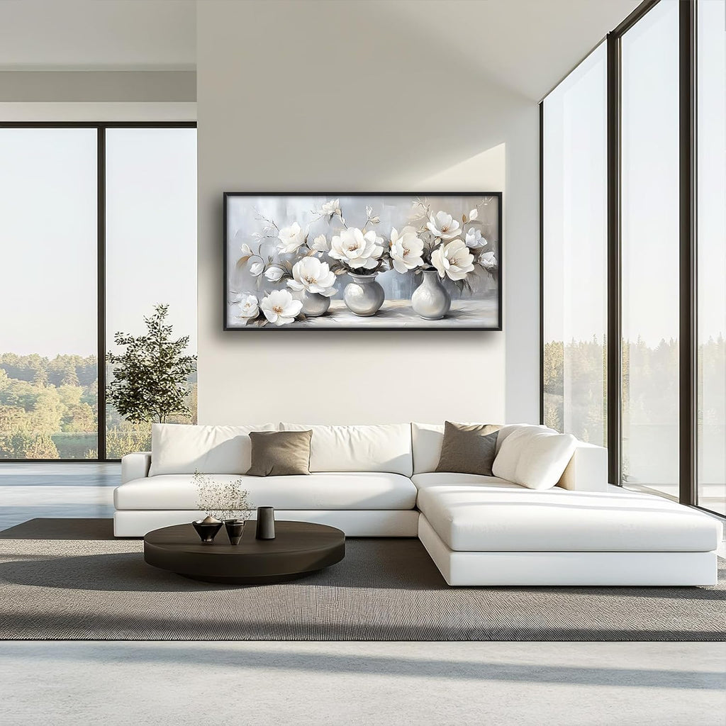 Large Farmhouse Floral Wall Art for Living Room, Framed Oversized White Flower Vase Wall Decor Grey Floral Canvas Painting Pictures Modern Artwork for Bathroom Bedroom Office Dining Room 60"x30"