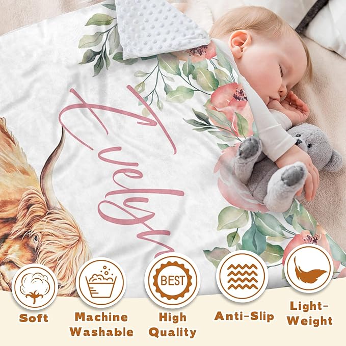 Personalized Baby Blanket for Boys, Custom Name Blanket for Girl Newborn Mom, Soft Flannel with Double Layer Dotted Backing, Gifts for Baby Shower Christmas Birthday, Highland Cow(60" x80)