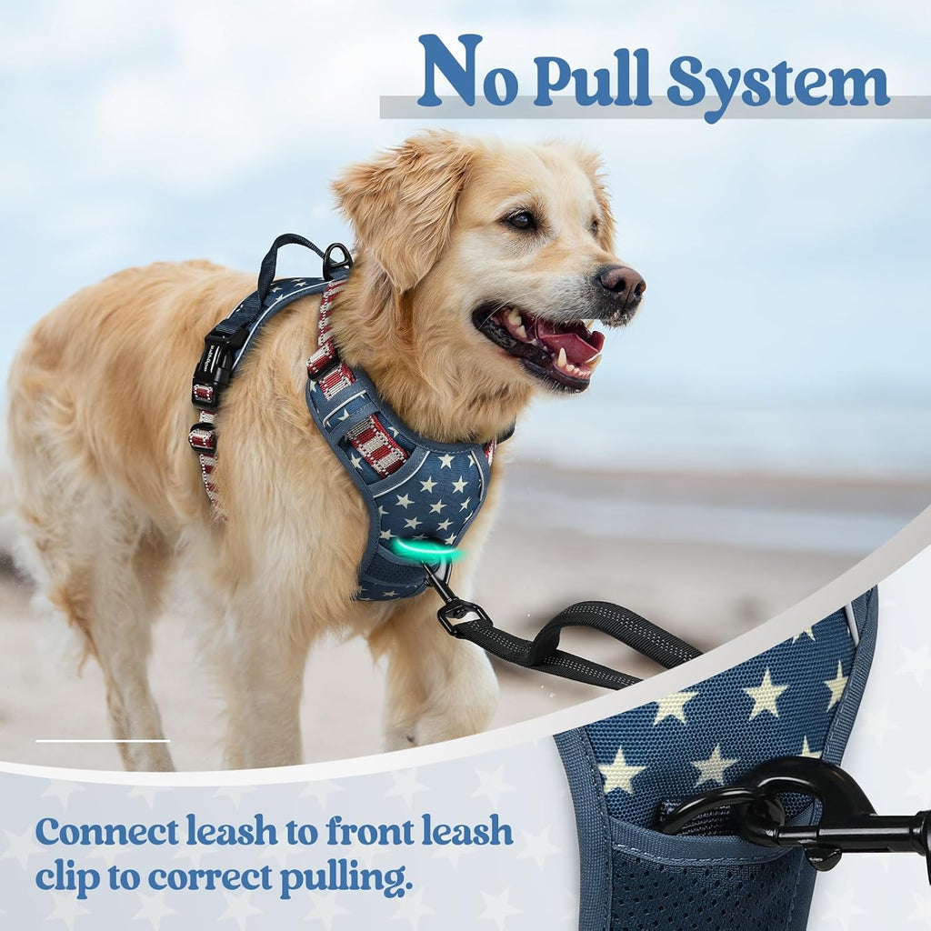 rabbitgoo Dog Harness No Pull with 2 Leash Clips, Adjustable Soft Padded, Reflective Oxford No Choke Pet Vest with Easy Control Handle for Large Dogs, Blue Star, XL