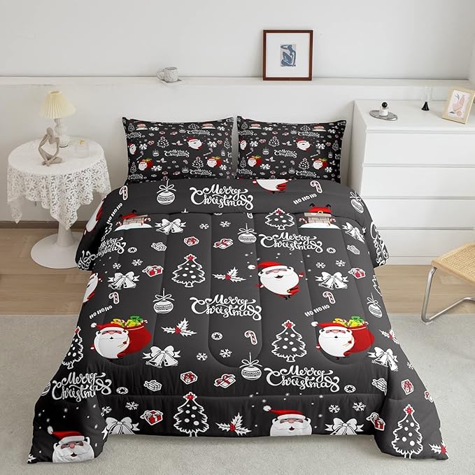 Christmas Comforter 3 Pieces Santa Claus Comforter Set White Snowflake Christmas Printed Xmas Festival Bedding Set with 2 Pillowcases (King, Grey Black)