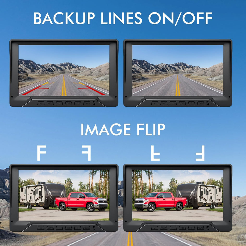 Dual RV Backup Camera Plug and Play, 7'' Backup Camera for Truck Trailer, No Delay, 1080P HD, 2 Channels, 150° Wide Angle, DIY Guide Lines, Night Vision, IP69 Rear View Camera