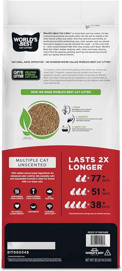 WORLD'S BEST CAT LITTER Multiple Cat Unscented, 32-Pounds - Image 2