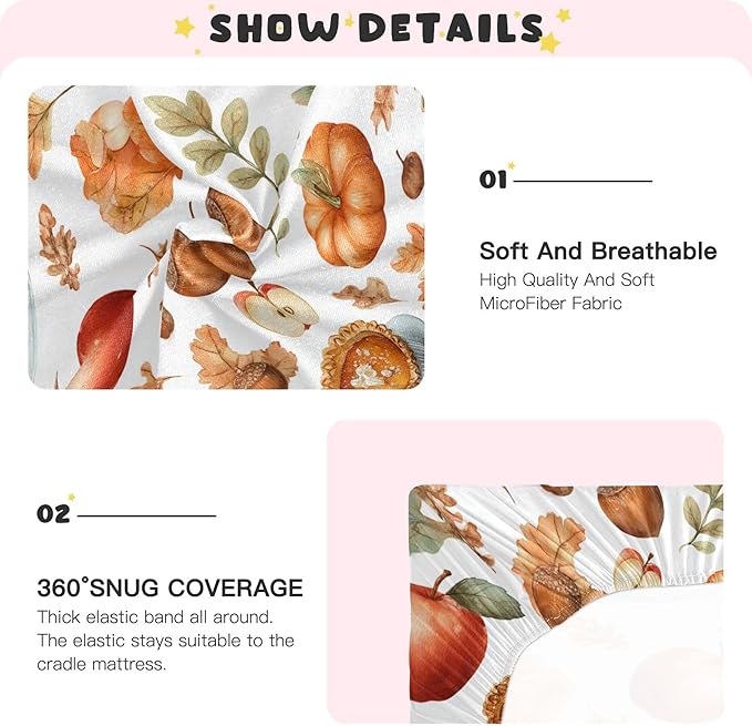 Thanksgiving Pumpkins Pie Crib Sheets Soft Breathable Fitted Baby Crib Sheets Mattress Cover for Girls Boys, 52" x 28" x 9"