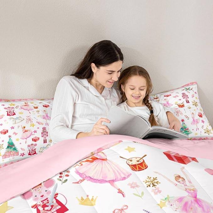 Feelyou Pink Christmas Kids Comforter Set Queen Size Ballet Nutcracker Bedding Set Snowflake Duvet Quilt for Kids Boys Girls Bedroom Decor Microfiber Ultra Soft Breathable