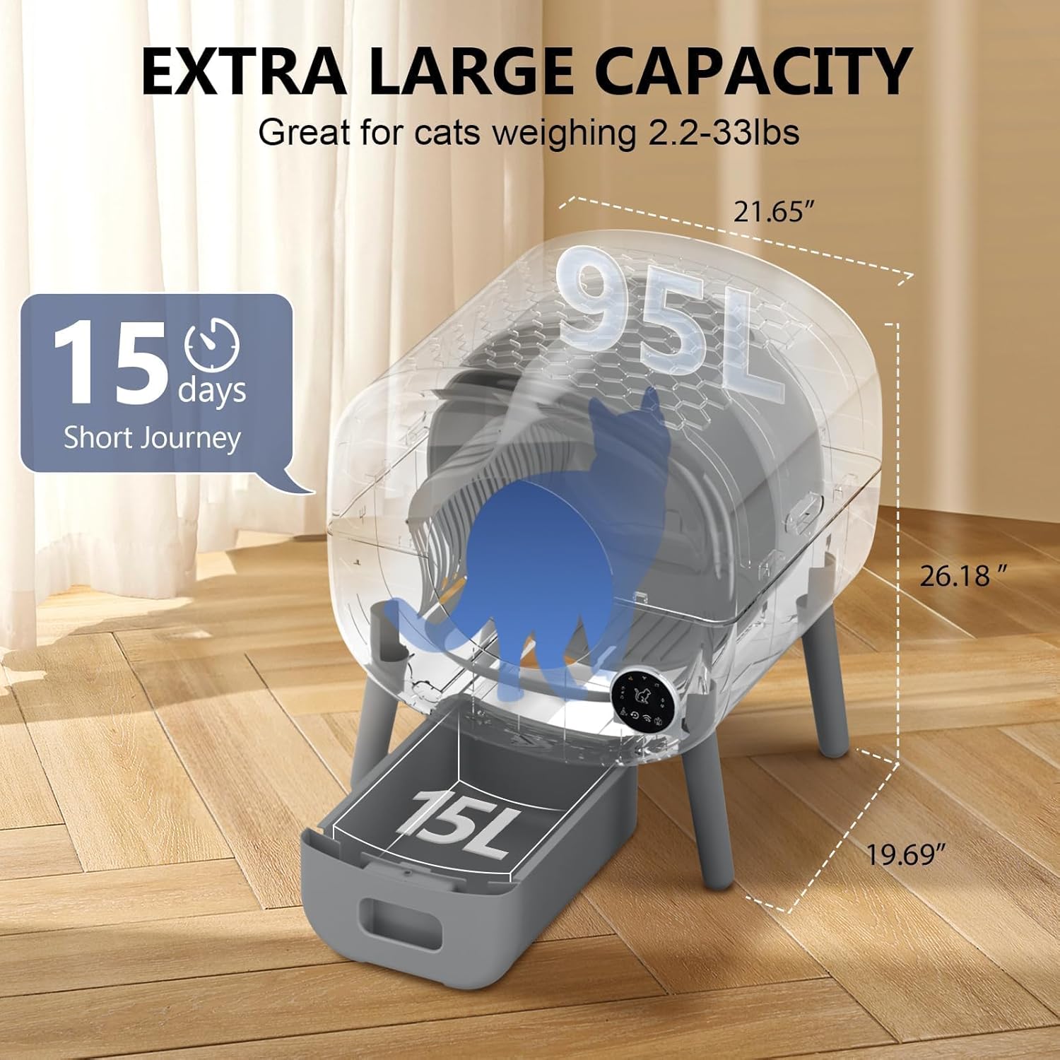 Cumrige Self Cleaning Litter Box, Large Capacity Automatic Cat Litter Box Self Cleaning for Cats, App Control,Safety Protection, 2 Roll Garbage Bags,White & Grey