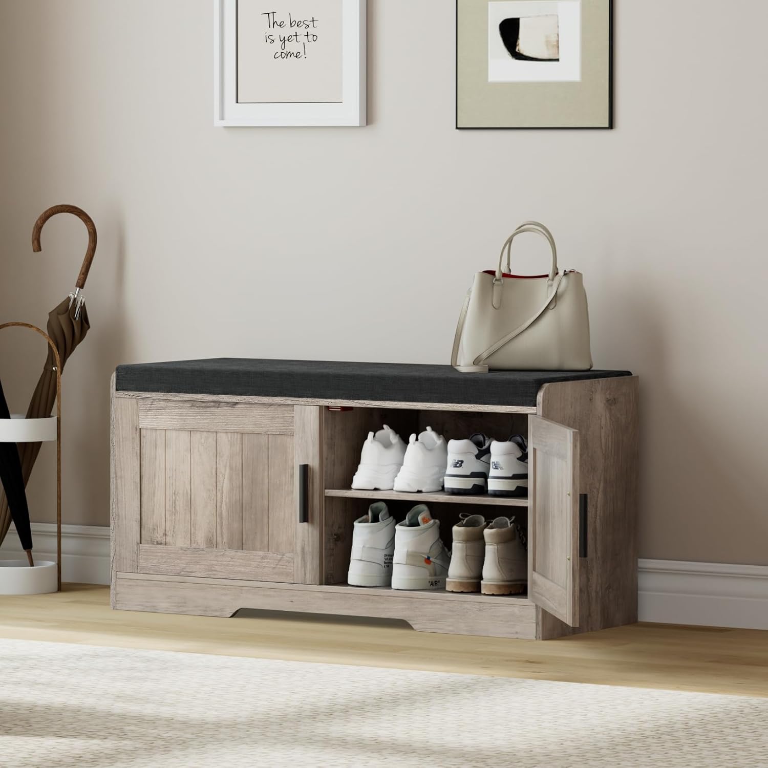 2-Tier Storage Bench, Shoe Bench with Thickened Padded Seat Cushion, Entryway Bench with 2 Doors, Adjustable Shelf, 13.8" D x 37.4" W x 18.5" H, for Entryway, Living Room, Bedroom, Greige