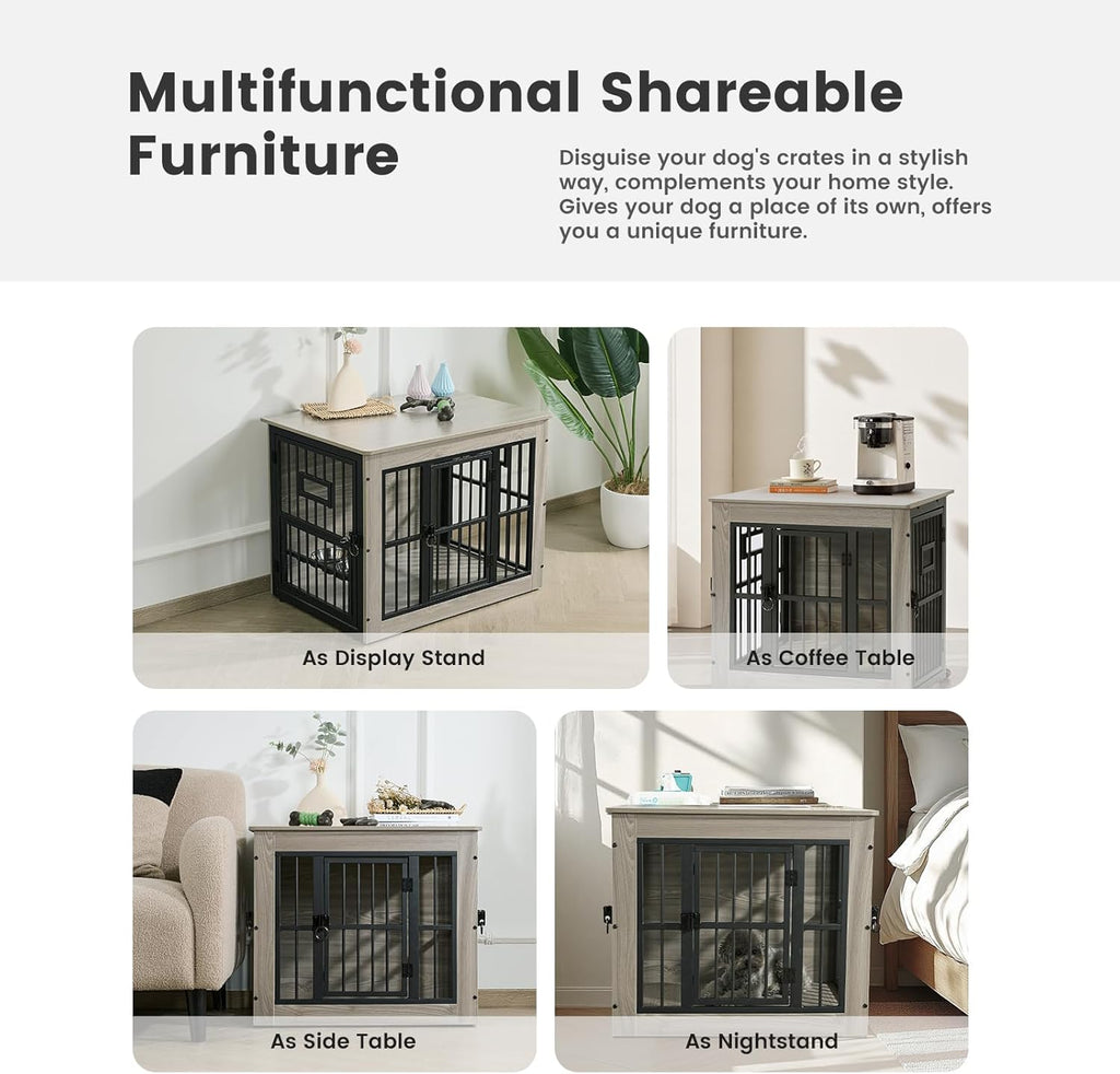 Gardner Pet Dog Crate Furniture for Medium Dogs, 32.7 Inch Dog Kennel Indoor, Wooden Dog Cage End Table with 2 Removable Bowls, Heavy Duty Dog Crate, Rustic Grey