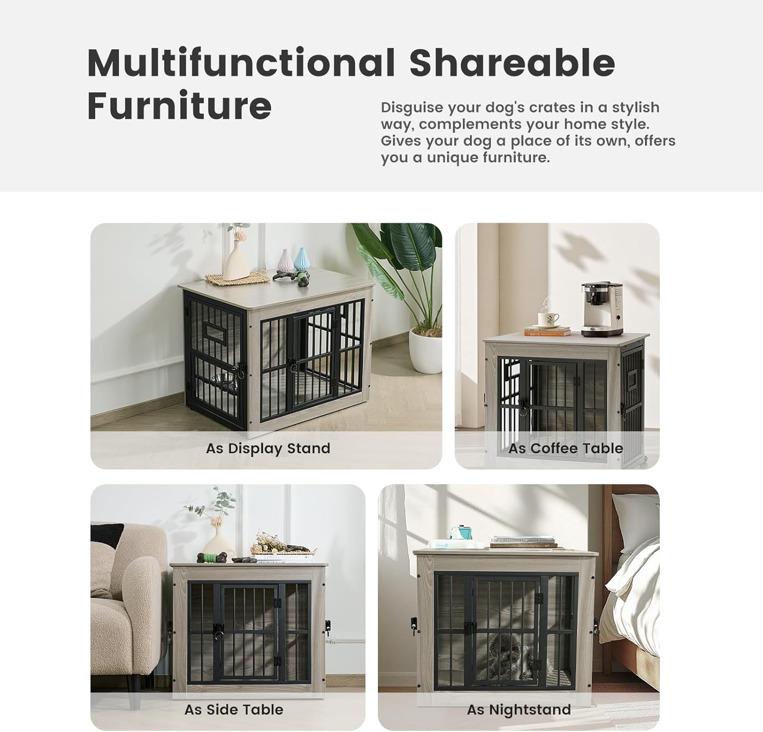 Gardner Pet Dog Crate Furniture for Medium Dogs, 32.7 Inch Dog Kennel Indoor, Wooden Dog Cage End Table with 2 Removable Bowls, Heavy Duty Dog Crate, Rustic Grey