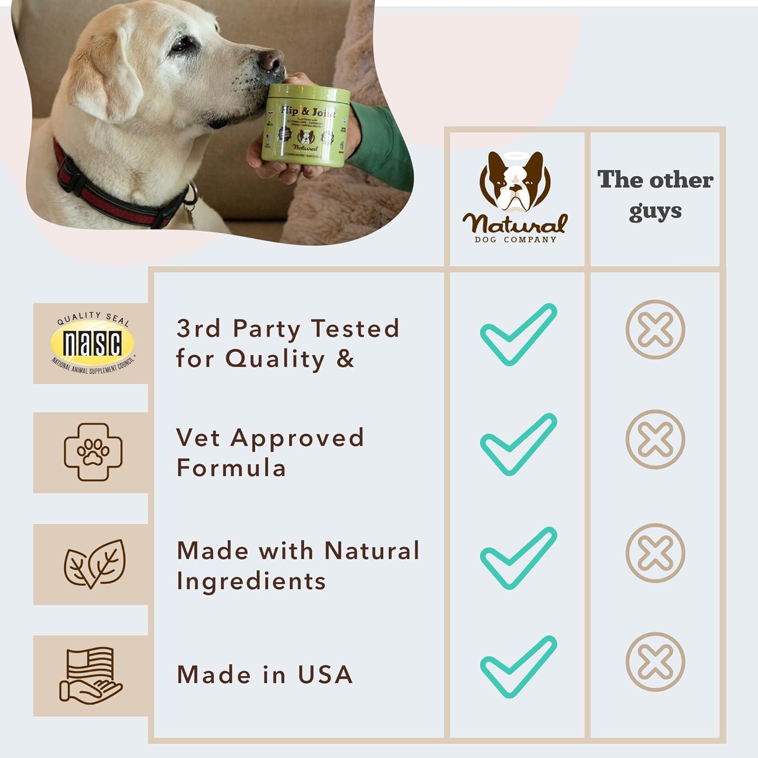 Natural Dog Company Hip & Joint Chews, Chicken Liver & Turmeric Flavor, with Glucosamine Chondroitin for Dogs, Maintains Bone and Joint Health, Supplements for Seniors and Puppies, 90 Count