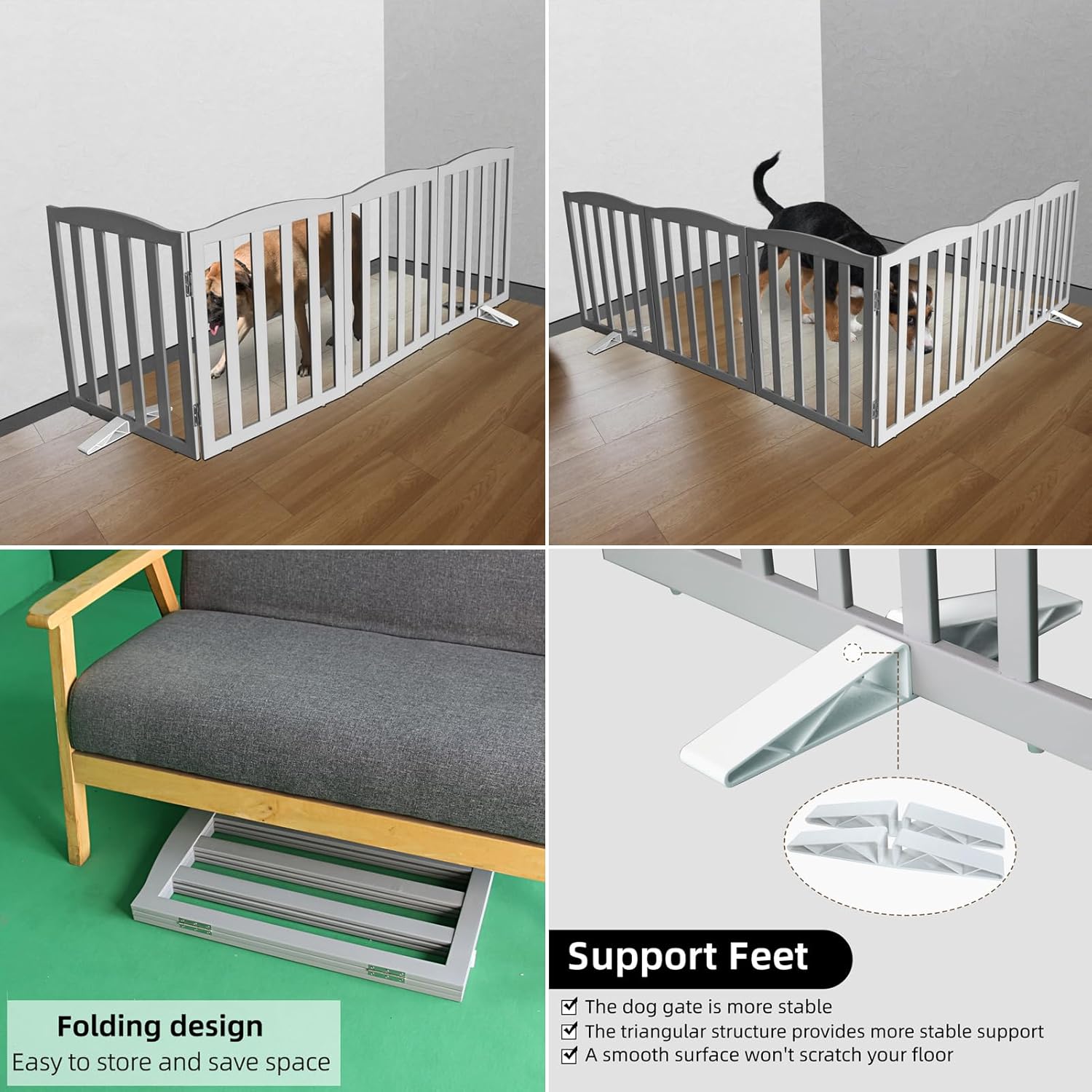 ZJSF Foldable Freestanding Indoor Dog Gate for House Wood Long Pet Gates Dog Fence for Stairs Puppy Gates for Hallways, Puppy Gate,Support Feet Included, Grey, 24 "Height-4 Panels