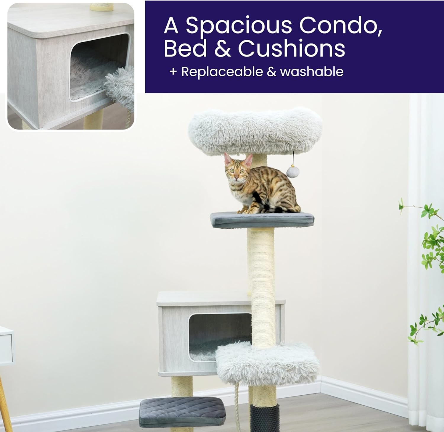 Catry Kasio 6 Level 54" High Modern Cat Tree with Laminated Wood Condo,Replaceable Scratching Posts,Removeable Washable Beds, Self Grooming Brush and Toys.(Light Gray)