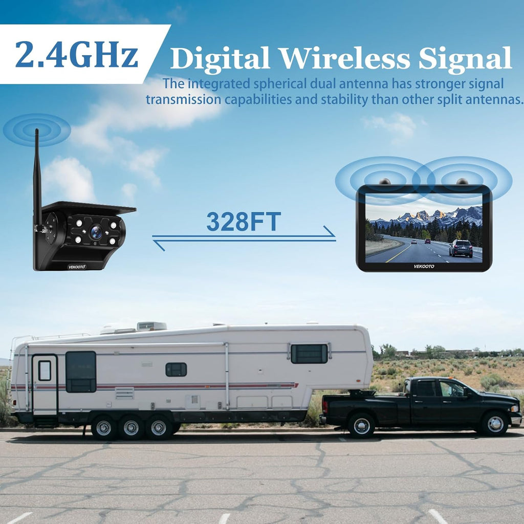 VEKOOTO Magnetic Solar Wireless Backup Camera VK7, 7'' IPS Touchscreen Monitor HD1080P No Wiring 15,000mAh Rechargeable Camera System for Hitching Gooseneck Horse Trailer RV Camper Car Truck