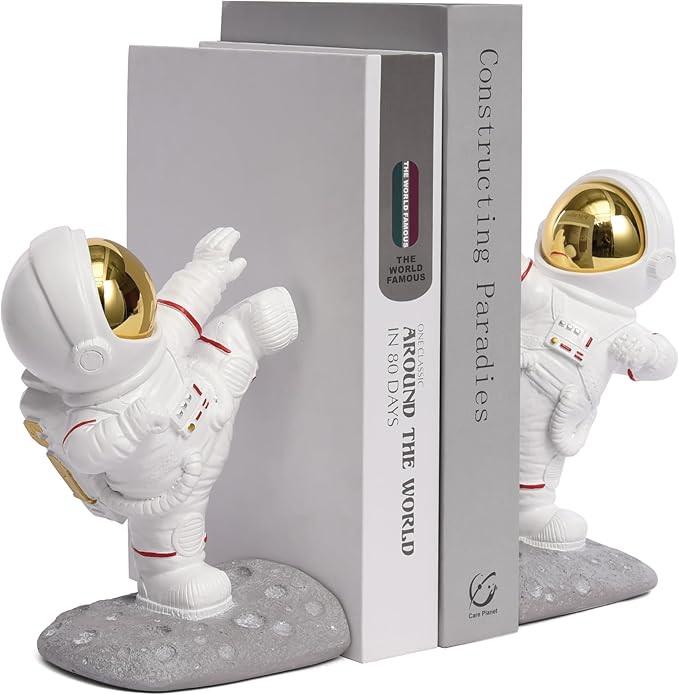 Book Ends for Shelves Decorative, Upgraded Astronaut Bookshelf Stopper Resin Book Shelf End Holders Heavy Duty Bookends for Kids Gifts Cute Spaceman Book Ends for Space Decor(F2-Gold)