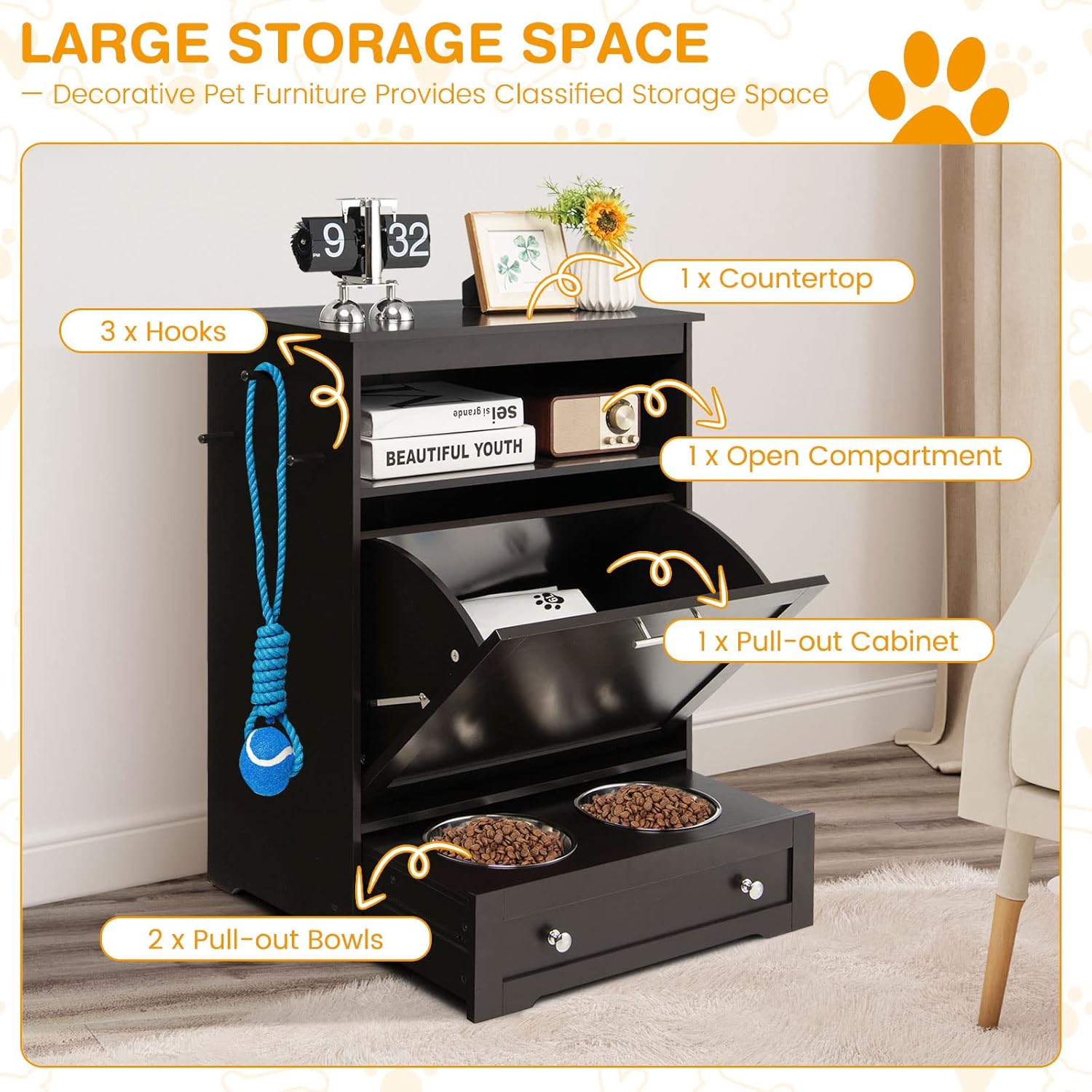 Tangkula Pet Feeder Station, Dog Food Storage Container With Double Pull Out Bowls, Food Toy Organizer Cabinet, Feeding Station Furniture for Dogs Cats Feeding & Watering Supplies (Brown)
