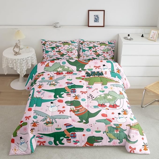 Feelyou Christmas Pink Comforter Set King Size for Kids Boys Girls Cartoon Xmas Dinosaur Bedding Set Snowman New Year Decorations Bedroom Quilt Set