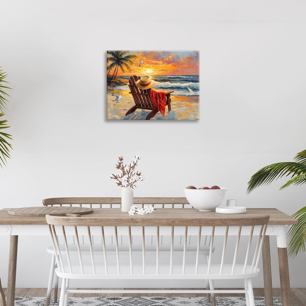 Beach Coastal Bathroom Pictures Wall Art, Seaside Ocean Bathroom Wall Decor, Sunrise Palm Framed Painting Canvas Artwork for Bedroom Living Room Decorations 16"L x 12"W