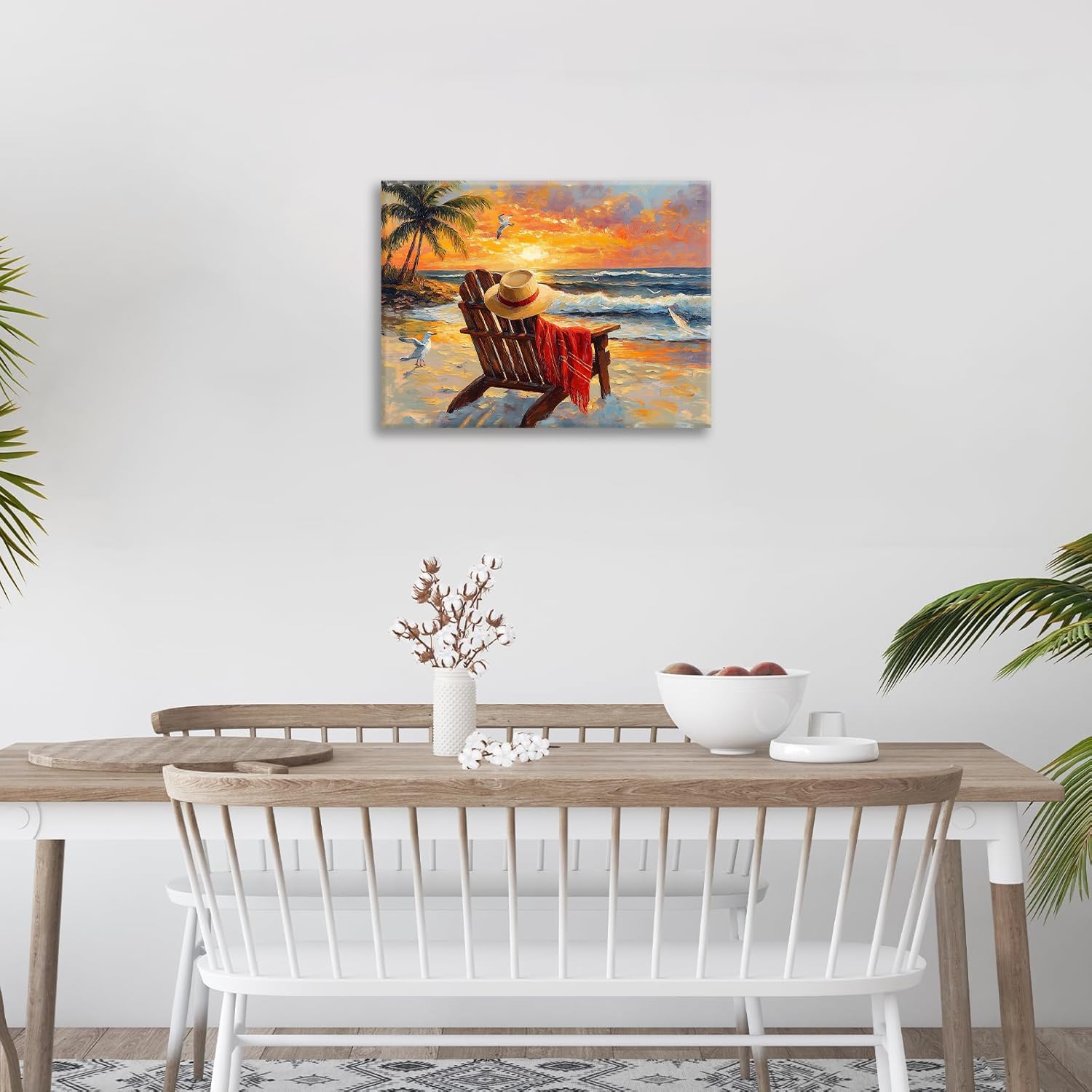 Beach Coastal Bathroom Pictures Wall Art, Seaside Ocean Bathroom Wall Decor, Sunrise Palm Framed Painting Canvas Artwork for Bedroom Living Room Decorations 16"L x 12"W