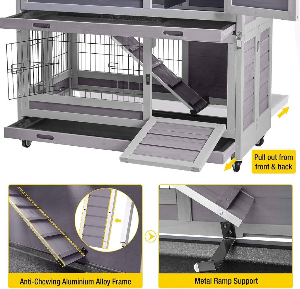 Aivituvin Large Rabbit Hutch Indoor and Outdoor Folding Bunny Cage on Wheels Guinea Pig Cage with Deep No Leak Pull Out Tray,Upgrade Version (Light Gray)