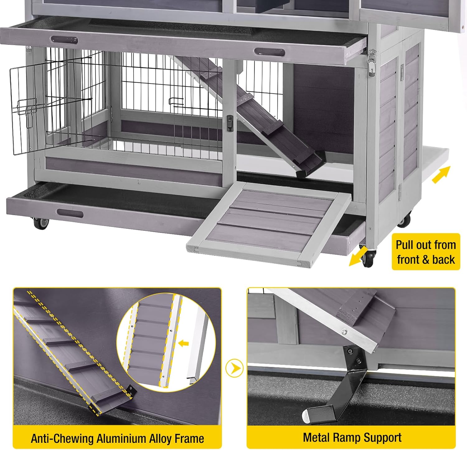 Aivituvin Large Rabbit Hutch Indoor and Outdoor Folding Bunny Cage on Wheels Guinea Pig Cage with Deep No Leak Pull Out Tray,Upgrade Version (Light Gray)